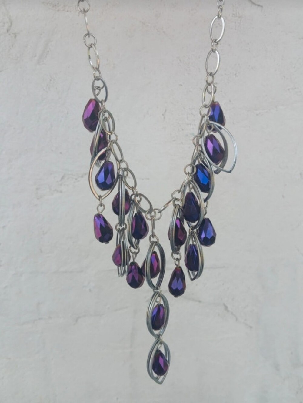 Silver Chain Necklace with Iridescent Purple Teardrop Beads